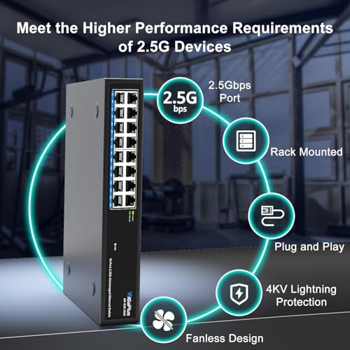 Image of 16 Ports 2.5Gb Unmanaged Ethernet Switch, 16*2.5G Base-T Ports. GiGaPlus 2.5Gbps Network Switch for 2.5Gbps NAS /PC, Wireless AP, WiFi6 Router. Plug and Play, Fanless Design.