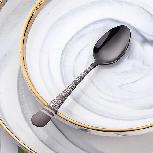 Miniatura 3 de Juego de 12 cucharas pequeñas de acero inoxidable para café expreso, color negro, con diseño único, cucharas de comida para té de postre Demitasse