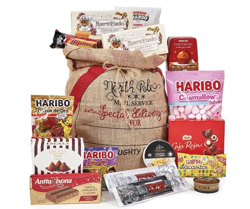 Lote Navideño 229: Cesta Solidaria Familiar Sin Alcohol – Ibéricos, Dulces, Gominolas y Panettone Oxfam de Comercio Justo en Saco de Yute Reutilizable