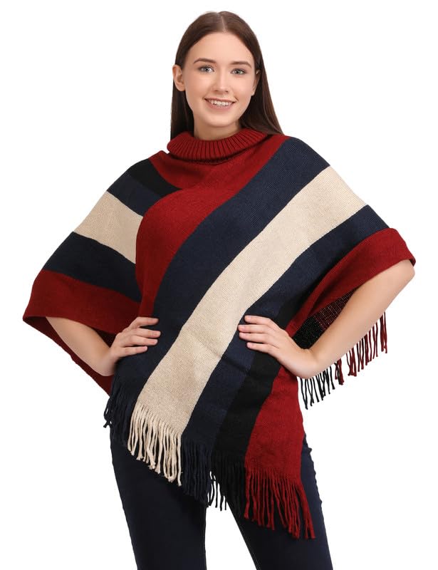 MANRA Women's Casual High Neck Striped Woolen Poncho for Winter (SC 09 HIGH Neck/Maroon/XL)-picture-33