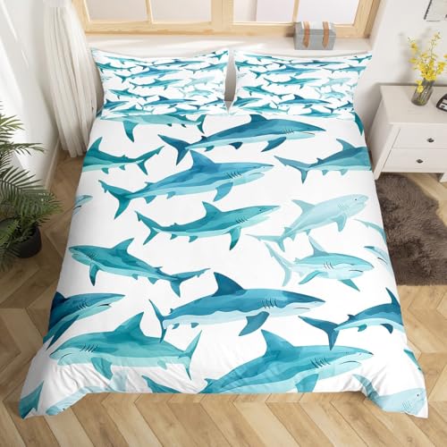 Homewish Juego de funda de edredón para niños, tamaño Super King, diseño de animales oceánicos, tiburones, mar, marnie, marnie, decoración de dormitorio con cierre de cremallera
