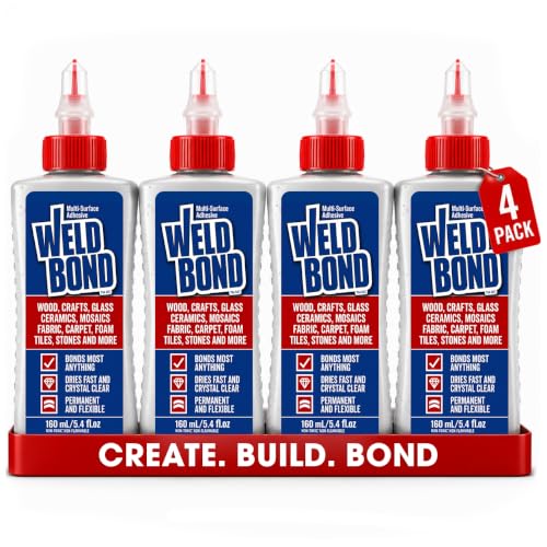 Image of Weldbond Multi-Surface, Non-Toxic Glue, Bonds Most Anything! Use as Wood Glue or for Glass Crafts Ceramic Tile Mosaic Porcelain Stone Fabric Carpet & More. 4-Pack of 5.4oz /160ml | Non Toxic Glue Dries Crystal Clear Heavy Duty Adhesive Glue for Craft, Ceramic, Wood Working, Glass, Porcelain, Tile and more