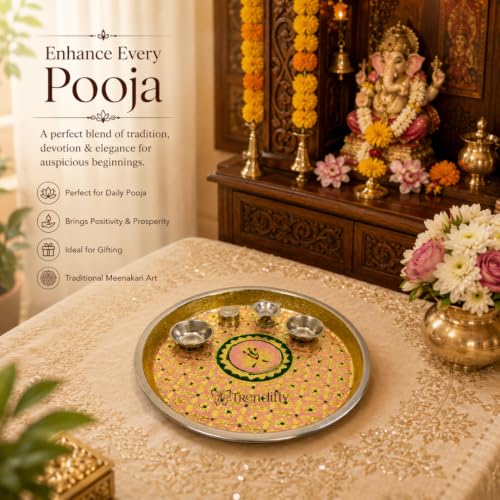 Image of Trendifly Meenakari Stainless Steel Pooja Thali Set With Diya Agarbati Kumkum Chandan Holder Katori | Puja Aarti Thali Set For Home Mandir Temple | Home Ceremony Pooja Wedding Baby Shower Return Gifts