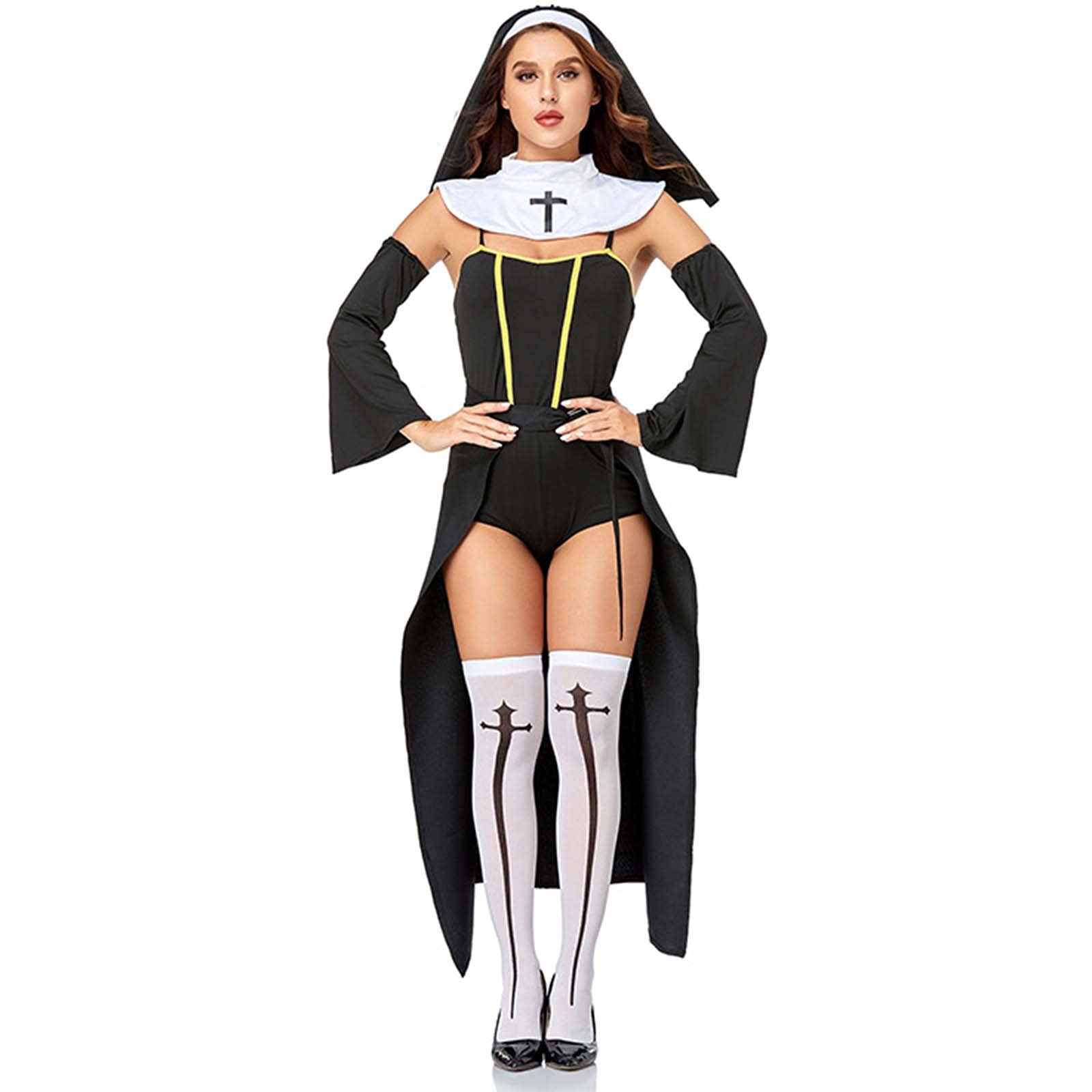 Conjunto De Accesorios De Disfraces De La Monja De Halloween para Mujer, Guantes, Calcetines del Muslo De La Rodilla para El Traje De Carnaval De Cosplay,Negro,XL