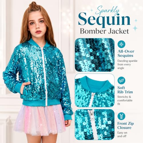 Image of Girls Sequin Bomber Jacket Sparkly Bomber Zipper Outfit 5-12T | Lightweight Sequin Jackets with Pockets