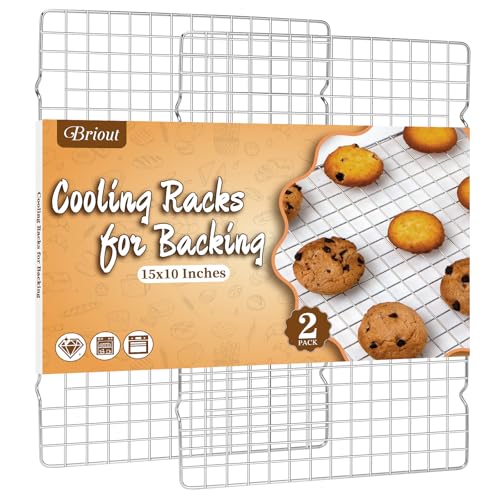 Briout 2PCS Cooling Racks for Cooking and Baking - 15x10 Inches Heavy Duty Stainless Steel Wire Rack for Baking, Grilling, Roasting - Oven & Dishwasher Safe - Fits Jelly Roll Sheet Pan-Silver