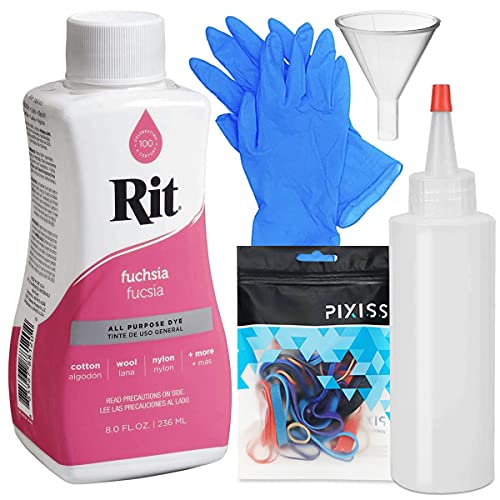 Rit Dye Liquid Fuchsia All-Purpose Dye 8oz, Pixiss Tie Dye Accessories Bundle with Rubber Bands, Gloves, Funnel and Squeeze Bottle