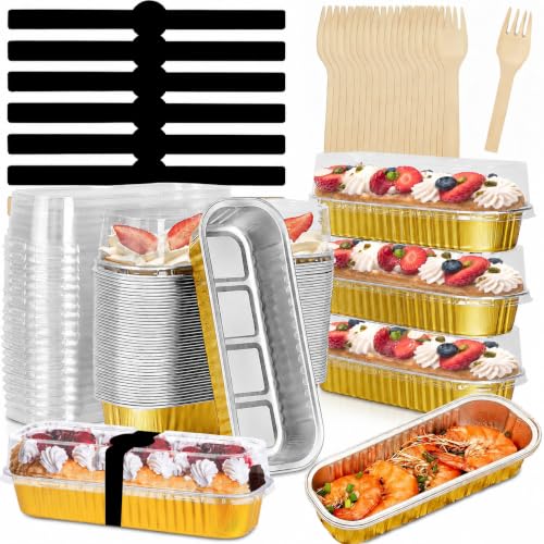 120pcs Mini Loaf Pans with Lids and Spoons 200ml Rectangular Aluminum Foil Baking Pans Mini Cake Tins Containers with Sealing Sticker for Bread Cake Wedding Birthday Picnic Party (SET OF 30) (Gold)