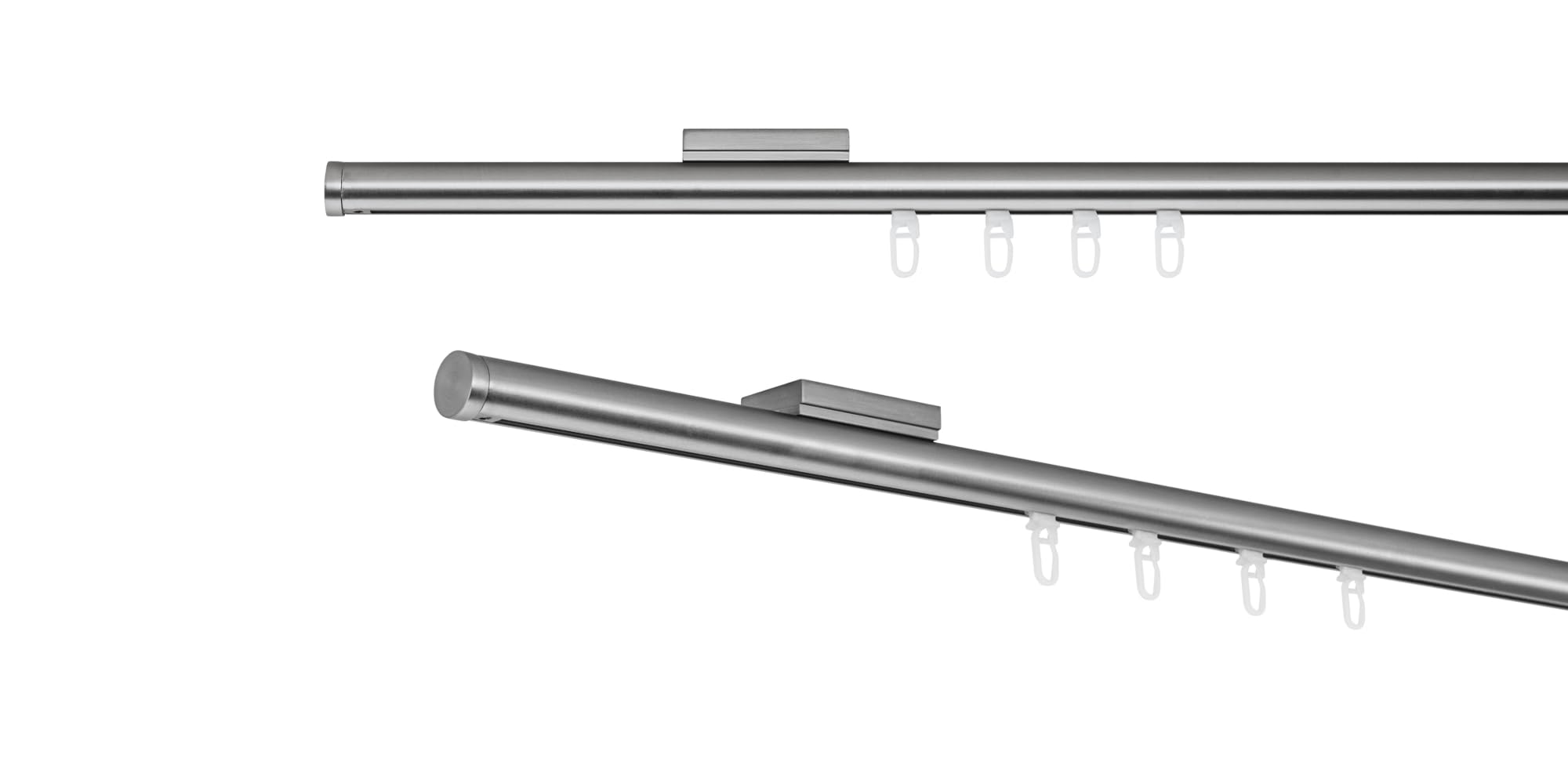 Gardinenstange auf Maß mit Endstück Match Innenlauf Ø 20mm 1-Lauf Deckenträger Slim Komplettset Edelstahl-Optik 390cm