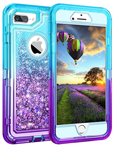 Coolden Case for iPhone 8 Plus Case Protective Glitter Case for Women Girls Cute Bling Sparkle 3D Quicksand Heavy Duty Hard Shell Shockproof TPU Case for iPhone 6s Plus 7 Plus 8 Plus, Aqua Purple