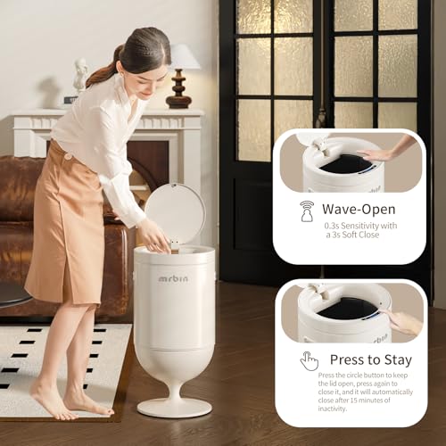 Image of MRBIN Metal Bathroom Motion Sensor Trash Can with Lid, 5.3 Gallon Wine Glass Shaped Automatic Waste Basket Touchless, Smart Round Tall Garbage with High Leg for Office, Bedroom, Kitchen, Cream White