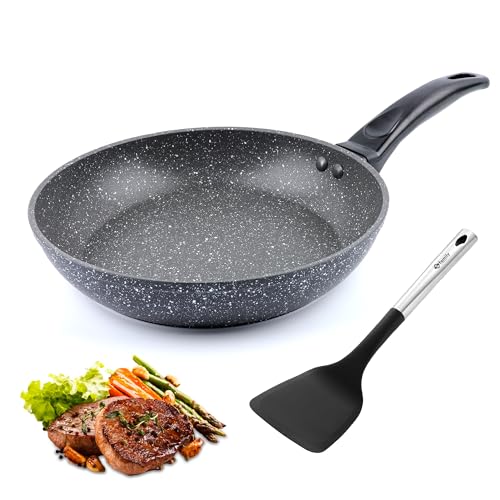 Family Sartén de Aluminio Antiadherente 24 cm + Espátula de Nylon (34,5 x 9,5 cm), Revestimiento Duradero, Apta para Todo Tipo de Cocinas, Fácil de Limpiar, Negro Mármol