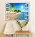 White Beach with Blue Sea and Palm Tree Open Window Mural Wall Sticker - 24