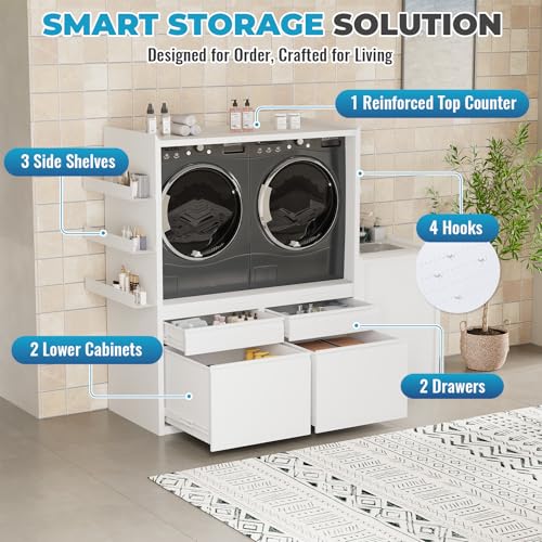 Image of Laundry Pedestal with Dryer Laundry Basket for Washer and Dryer Washing Machine Stand Base Raiser with Washbasin Cabinet,White