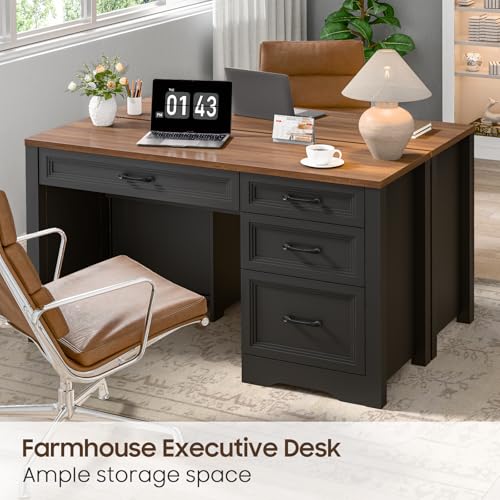 Image of Vabches Farmhouse Executive Desk with Storage and Ample File Drawer, Rustic Large Home Writing Desk for Bedroom, Dark Brown