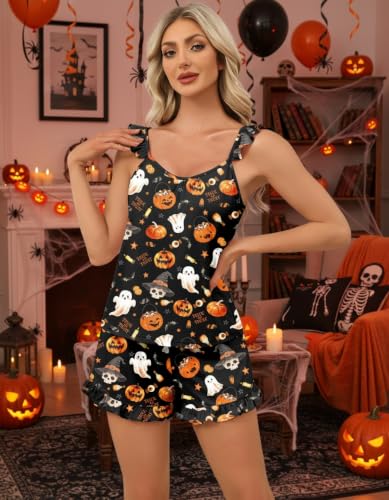 Image of Ekouaer Pajama for Women Set 2 Piece Ruffle Cami Top and Shorts Pjs