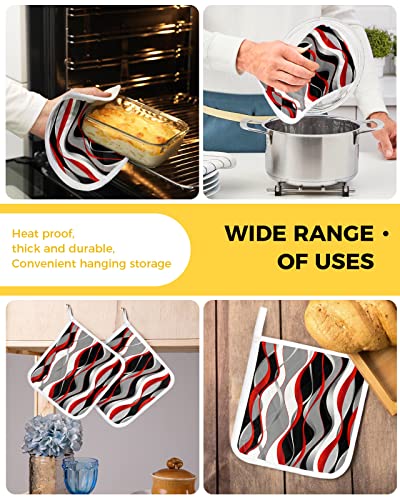 Carosoffe Red Black Pot Holders Set Of 2 Heat Insulation, Grey Geometric Hot Pads & Potholders For Kitchen, Modern Art Abstract Red Wavy Striped Oven Mitts For Baking Cooking Barbecue #TOP4