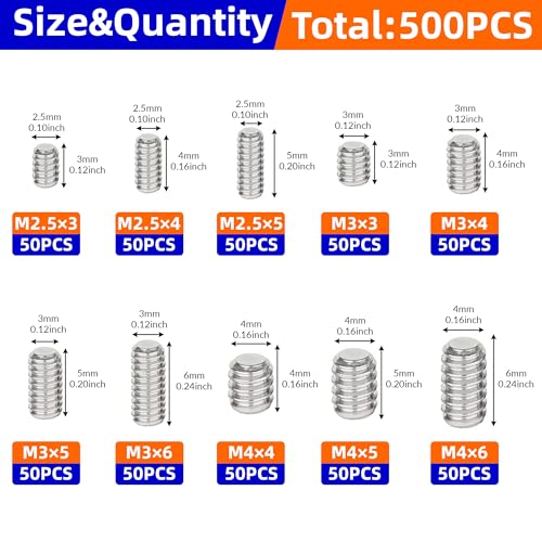 NexSync 500PCS Screws Assortment Kit, Standard Metric Stainless Steel Screws, Allen Head Socket Hex Grub Set Screws for Bathroom Fixtures, Towel Bar (M2.5/M3/M4) by NexSync - Image 2