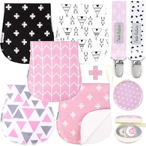 Dodo Babies 5-Pack Baby Burp Cloths - Soft, Absorbent Cotton Burp Cloths - Includes Pacifier Case and 2 Pacifier Clips - Colors: Pink, Grey and Black