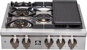 FORNO Spezia 30" Inch. Drop-In Range Top with 5 Sealed Dual Brass Burners - Stainless Steel Stove Top Heavy Duty Continuous Cast Iron Grates with Auto-ignition, Griddle, Wok-Ring and LP conversion