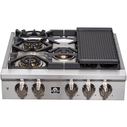 FORNO Spezia 30" Inch. Drop-In Range Top with 5 Sealed Dual Brass Burners - Stainless Steel Stove Top Heavy Duty Continuous Cast Iron Grates with Auto-ignition, Griddle, Wok-Ring and LP conversion