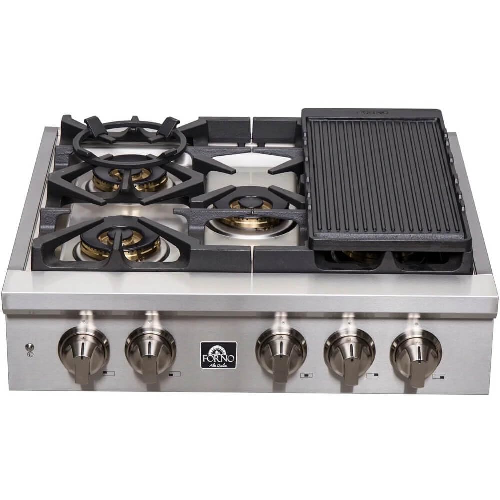 FORNO Spezia 30" Inch. Drop-In Range Top with 5 Sealed Dual Brass Burners - Stainless Steel Stove Top Heavy Duty Continuous Cast Iron Grates with Auto-ignition, Griddle, Wok-Ring and LP conversion