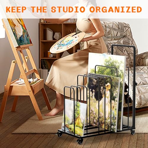 Image of ikare Art Canvas Storage Rack, Black Art Canvas Storage Rack,Art Storage,Metal Canvas Rack Art Storage with Handle & Caster Wheels