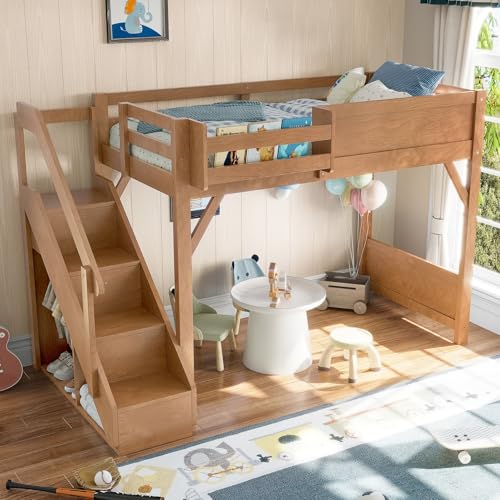 Image of KEIKI Solid Wood Twin Size Loft Bed Frame with Stairs, Built-in Wardrobe and Storage Space, Twin Loft Bed with Shelves, Full-Length Guardrails, No Box Spring Needed for Bedroom, Antique Natural