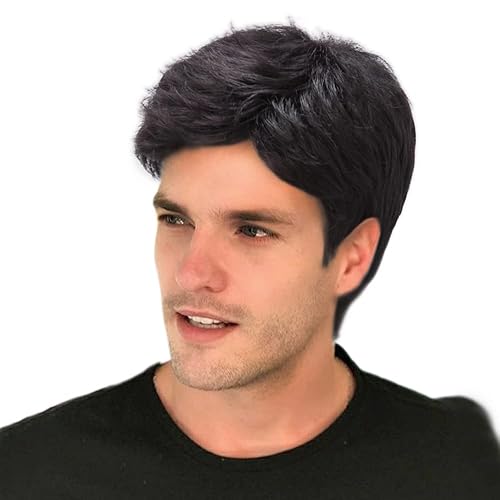 H&B - Pelucas cortas negras para hombre, pelucas onduladas para hombres, peluca de cabello sintético natural para hombres, hombres, cosplay, fiesta
