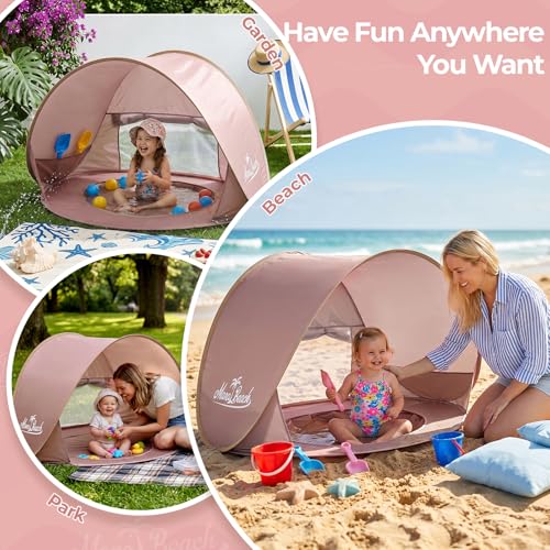 Image of Monobeach Baby Beach Tent with Pool: Brown Pop Up Sun Shade Tent for Toddler, UV Protection Portable Outdoor Shelter, Foldable Camping Canopy for Beach, Backyard & Travel