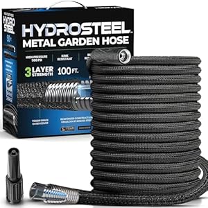 HYDROSTEEL 100 Ft Metal Garden Hose with Sprayer Nozzle, Indestructible 3-Layer Stainless Steel Heavy Duty Water Hose 100 Ft x 5/8 in. Kink Free Design Will Not Kink, Flexible, NON Expandable, 500 PSI