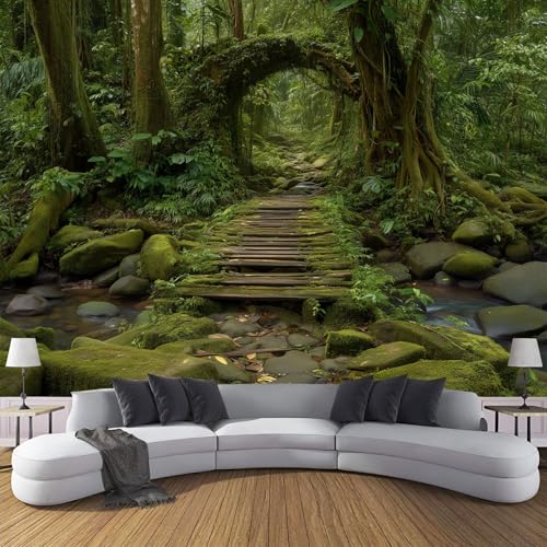 ZISTRCBAO Fondo De Pantalla Panorámica Puente De Madera De La Selva Tropical 200x140cm, Paisaje Tropical Retro Fotomurales Seda Para Salón Dormitorio Oficina Pared De Fondo De TV, Verdor