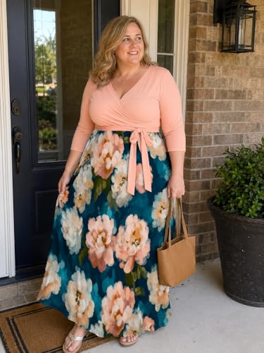 Image of Plus Size Maxi Dress for Women V Neck Flowy Dresses with Pockets for Wedding Guest Church