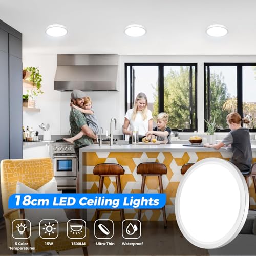 Image of Peasur Flat LED Ceiling Light, 5 Colours, 3000 /3500 /4000 /5000 /6500K, IP54 Waterproof Bathroom Light Fixture, 15 W Modern Round Ceiling Light for Bathroom, Hallway, Bedroom, Basement, Living Room