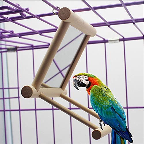 Bird Mirror with Swing and Perch for Parakeets Cockatiels Lovebirds Finches - Wooden Interactive Hanging Cage Toy, 3.7 x 3.5 x 3.5 Inch, 1 Pack