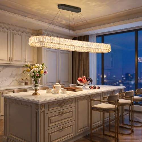 HAIXIANG Modern Crystal Chandelier Dimmable LED Long Chandeliers for Dining Table Pendant Lights Rectangular Glam Lighting Fixtures for Dining Room Kitchen Island Black by HAIXIANG - Used condition - Image 3