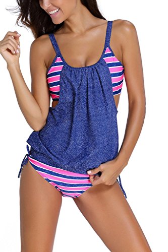 Dokotoo Womens Stripes Lined Up Double Up Tankini Top Bikini Swimwear,(US 18-20)XXL,Pink Blue Dokotoo Womens Stripes Lined Up Double Up Tankini Top Bikini Swimwear,(US 18-20)XXL,Pink Blue