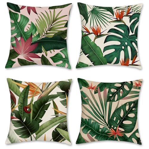 Bonhause Tropical Leaves Throw Pillow Covers 18x18 Set of 4 Green Palm Leaf Monstera Botanical Pillows Case Polyester Linen Cushion Covers for Outdoor Couch Sofa Patio Decor