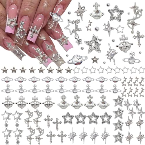 120+ Pcs Star Nail Charms Inlaid Rhinestones Gems Silver Star Planet Cross Nail Art Decorations Shiny Jewelry for Acrylic Nail Accessories for Women Girl Manicure DlY Crafts Supplies