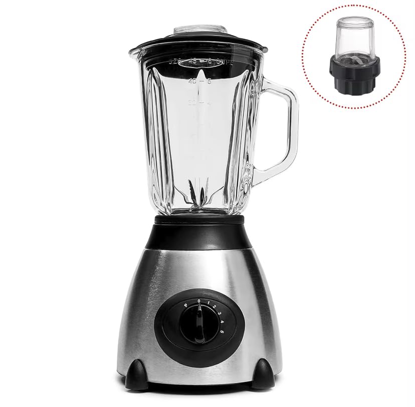 Batidora de Vaso 5 velocidades 800W de Potencia, Vaso 1,5L, molinillo para cafe y especia incluido, Cuchilla y acabados acero inoxidable