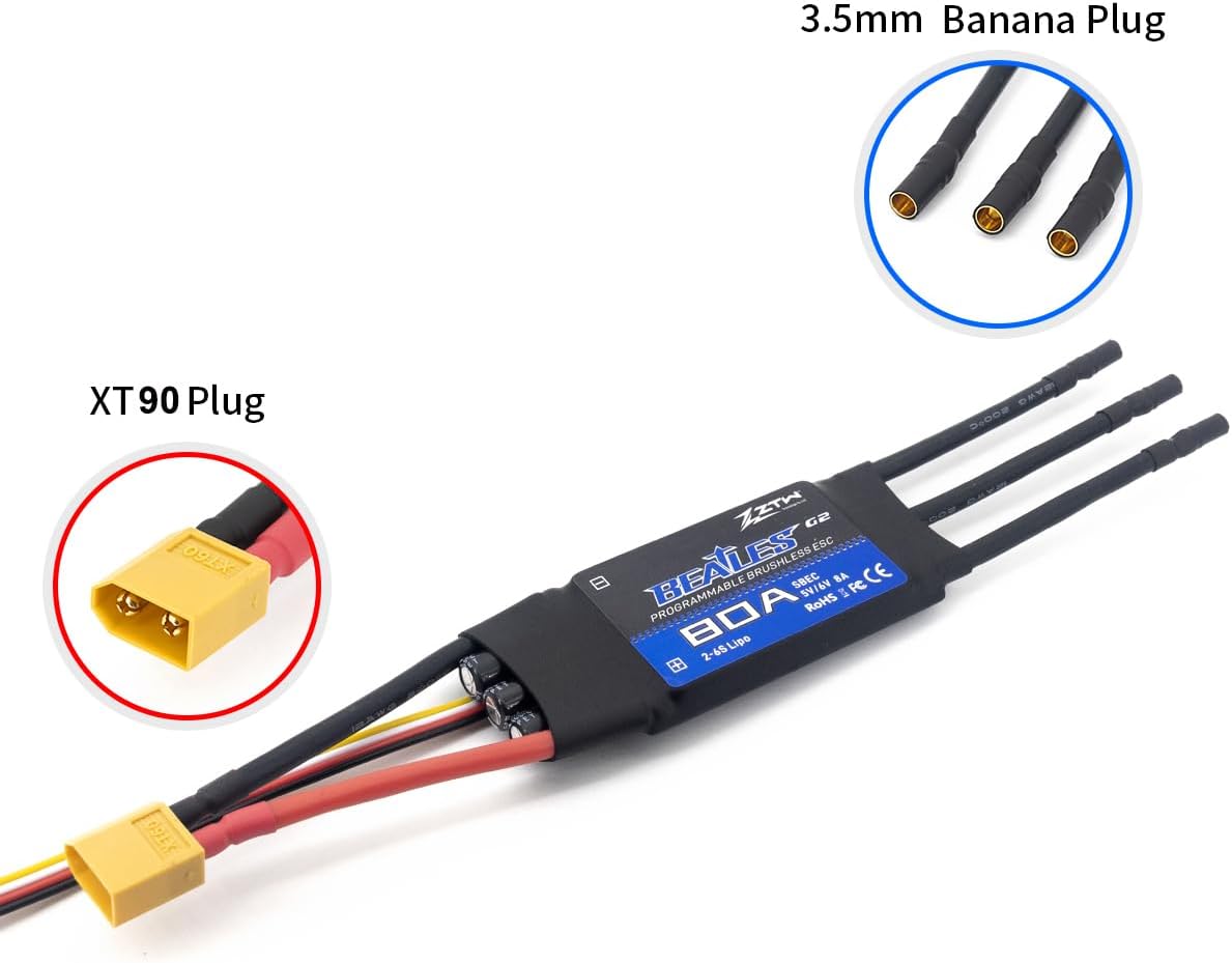 ZTW Beatles G2 80A ESC with Connectors SBEC Output 8A/5,6V for RC Fixed Wing Airplane 2-6S or DIY Project Need Electronic Speed Controller