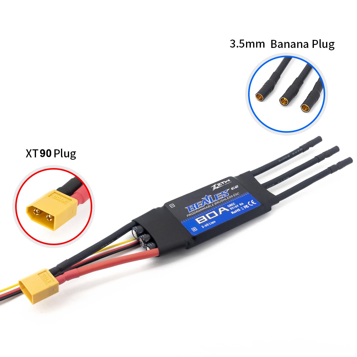 ZTW Beatles G2 80A ESC ze złączami SBEC wyjście 8A/5,6V do samolotu RC Fixed Wing Airplane 2-6S lub DIY Project wymaga elektronicznego kontrolera prędkości