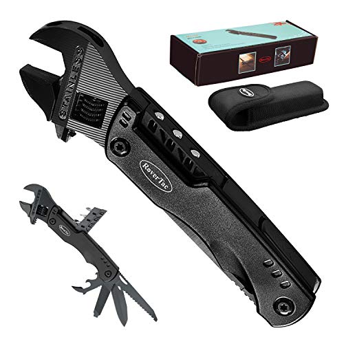 RoverTac Tool Kit Multitool Adjustable Wrench Gifts for Men Dad 10 in 1 Emergency Tool with Safety Lock Knife Saw Screwdrivers Bottle Opener Sheath
