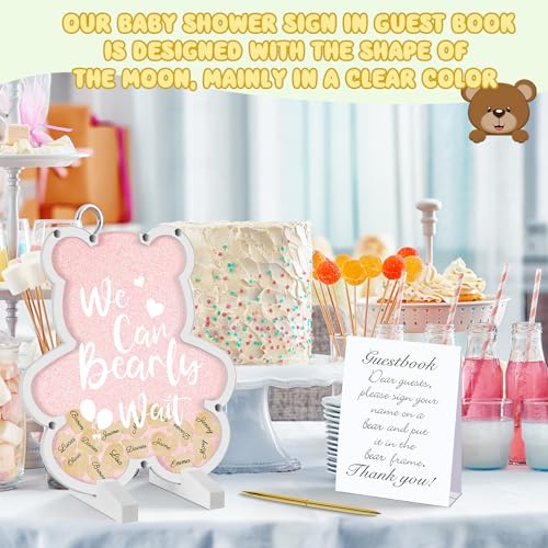 Image of Kosiz We Can Bearly Wait Acrylic Baby Shower Guest Book Alternatives Decorations with Wooden Hearts for 60 Guests Baby Shower Sign Picture Frame Pregnancy Keepsake Edition for Soon to Be Mom (Pink)
