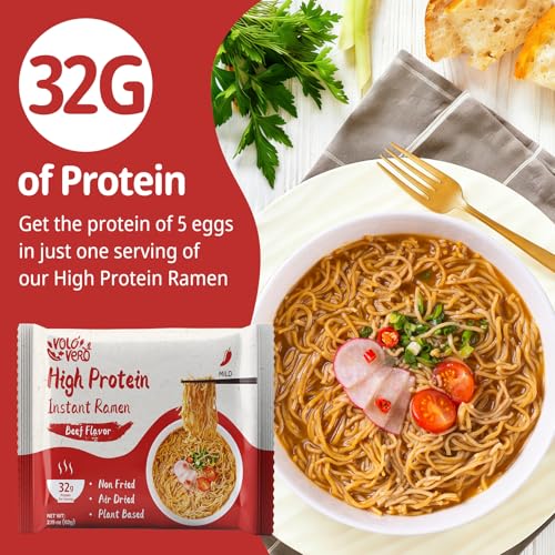Image of VOLO VERO High Protein (32g) Instant Ramen Noodles inchSpicy Beef inch Flavor Soup, 8 Pack, Plant-Based, Low Carb, Air-Dried, Non-Fried, Egg-Free, Ready to Eat, Dairy Free Healthy Meal
