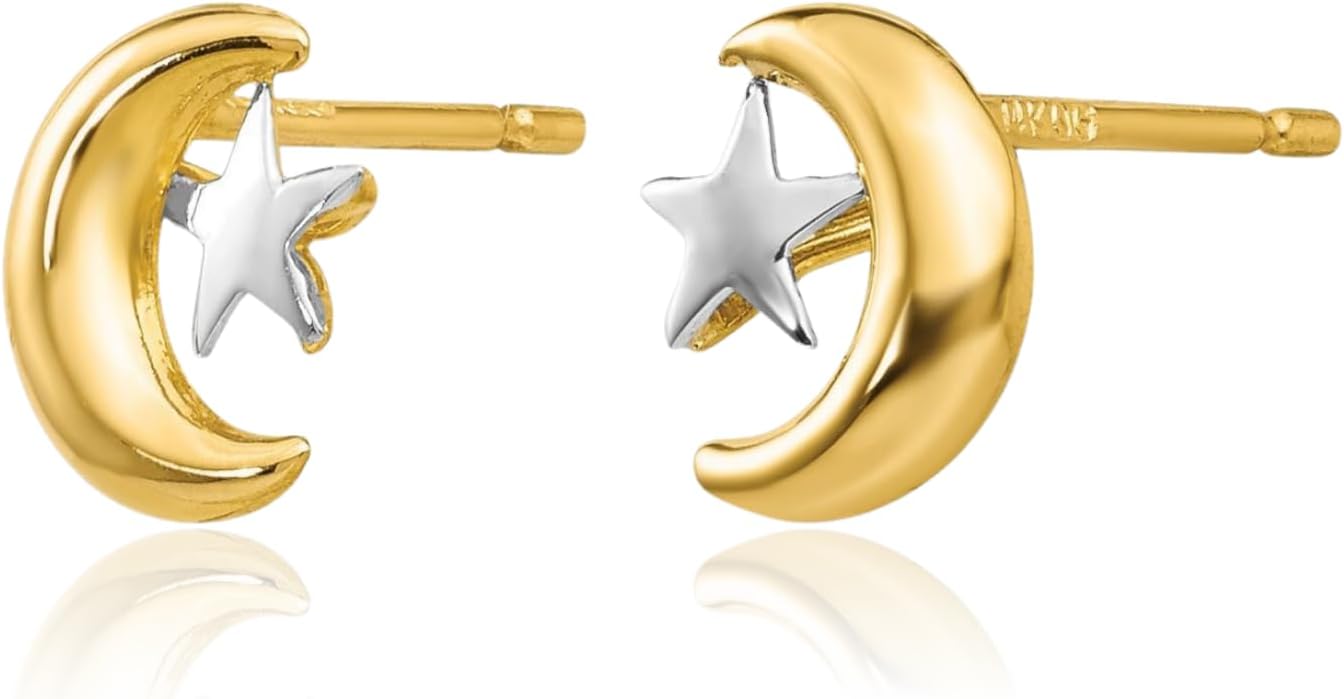 14K Solid Yellow Gold Large Moon Star Stud Earrings 7.5mm 1/4 inch Butterfly Back for her IceCarats