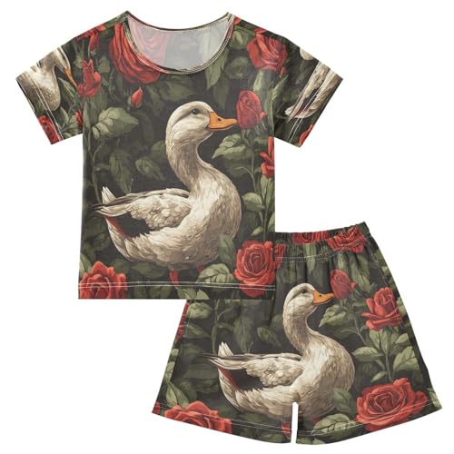Pajama Sets Short Sleeve Duck Among Red Roses Soft Cotton Summer Sleepwear 2 Piece PJS Size 5-14T