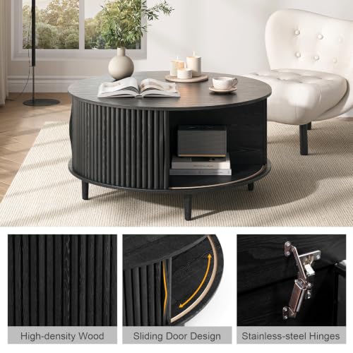 Image of JOINICE 31.5 inch Round Coffee Table with Storage for Living Room, Black