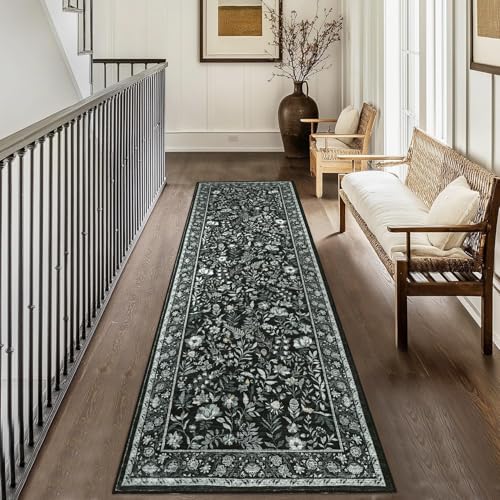 GarveeHome 2x6 Washable Runner Rug Black Floral Rug Runner for Hallway Soft Non-Slip Kitchen Runners Stain Resistant Ultra-Thin Entryway Indoor Carpet Long Rugs for Bedroom Laundry Bathroom Bedside