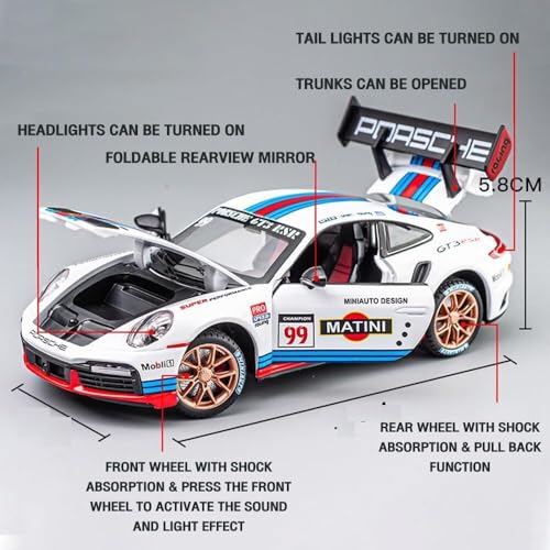 Image of Okean Porsch,e Matini 911 GT3 RS RSR Turbo S Diecast Car for Kids and Adults - 1:32 Scale Pull Back Toy with Light and Sound, Opening Doors - White Collectible Model Vehicle